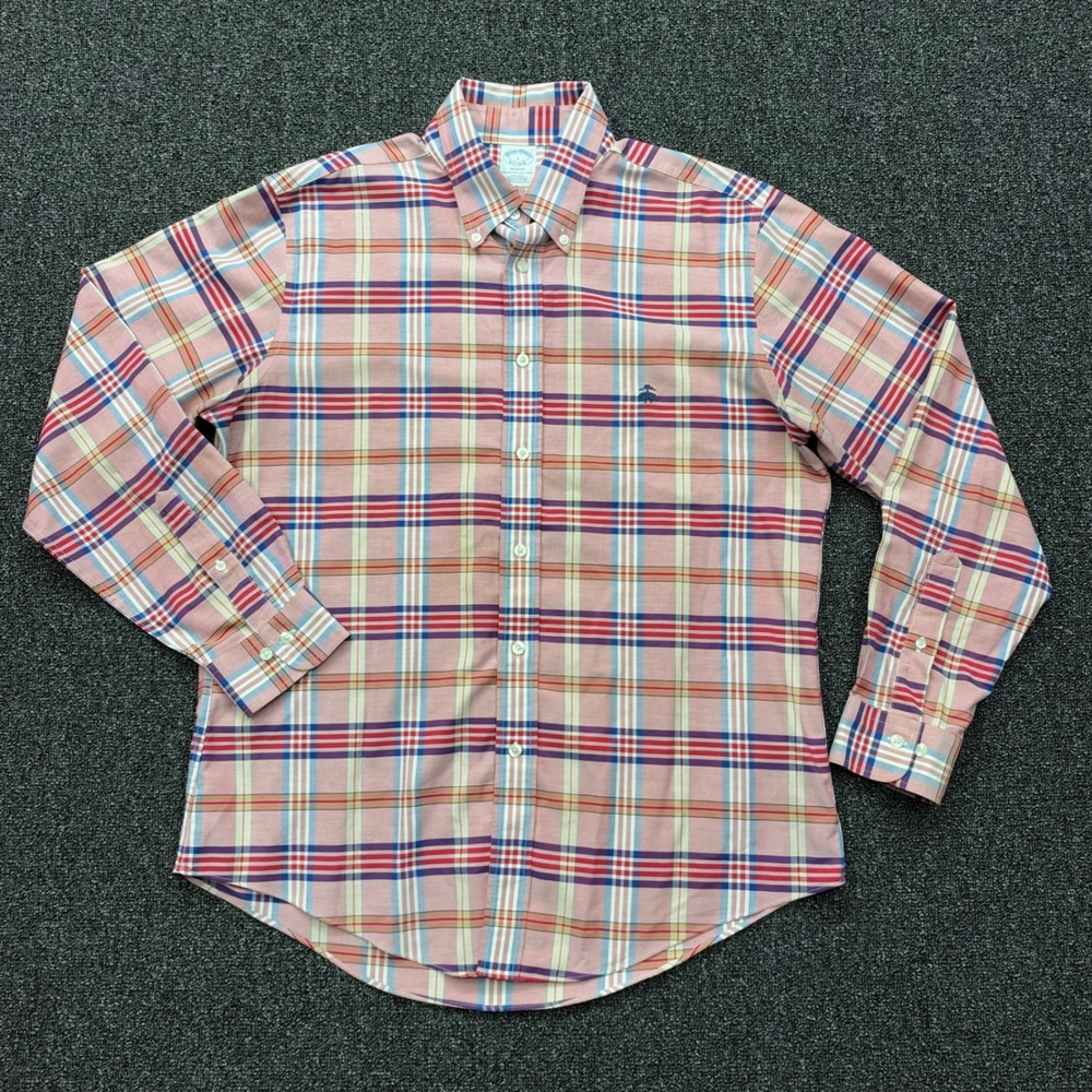 Brooks Brothers Regent Fit Plaid Button Down Shirt Mens L Pink Multi preppy